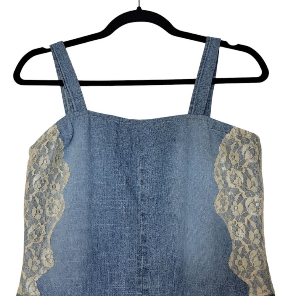 VTG 90s Y2K Fubu Jumpsuit Womens M Chambray Denim Wide Leg Lace Baggy Stretch - Picture 5 of 12